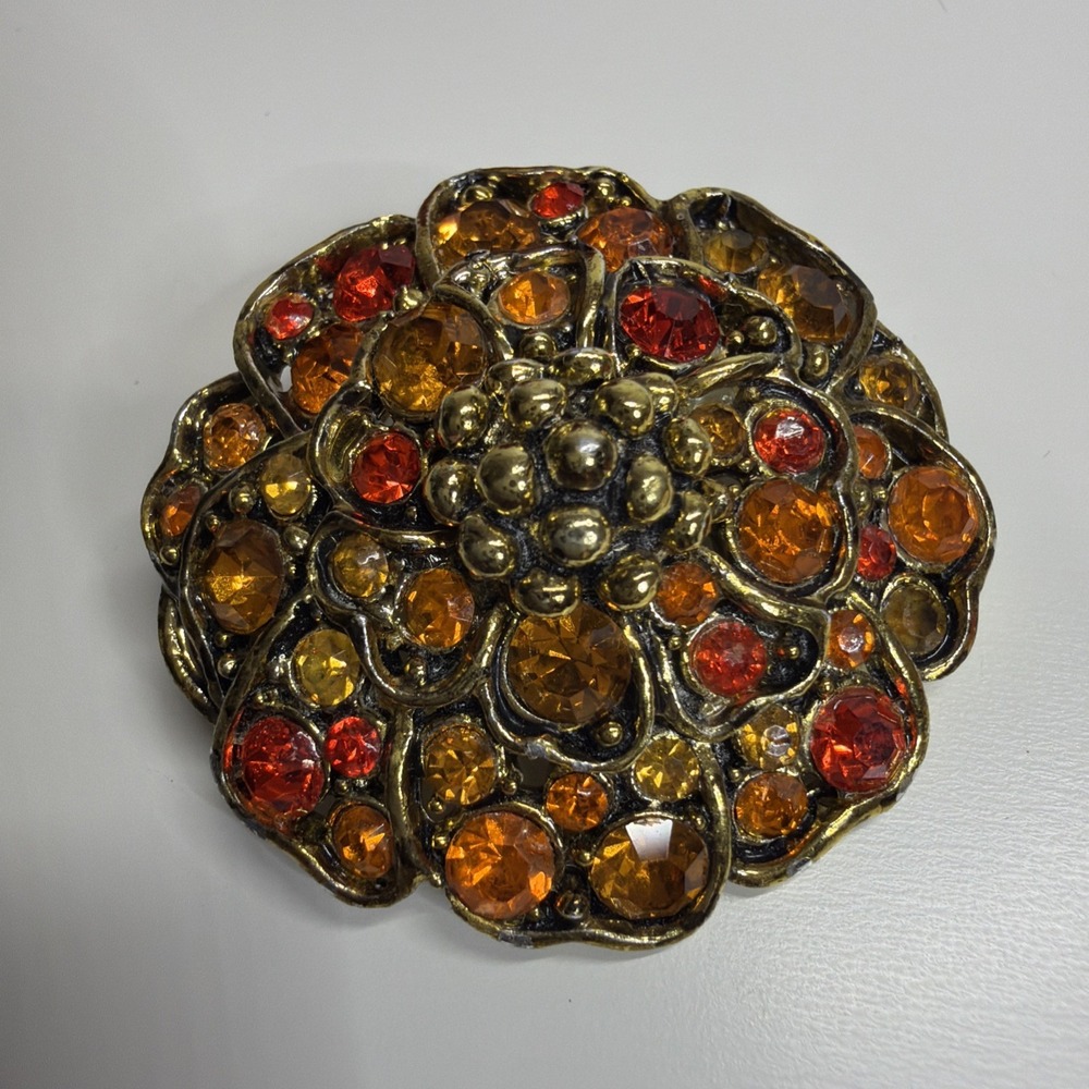 Vintage Hollycraft Floral Brooch Citrine Orange Rhinestones 1950 Signed Gold